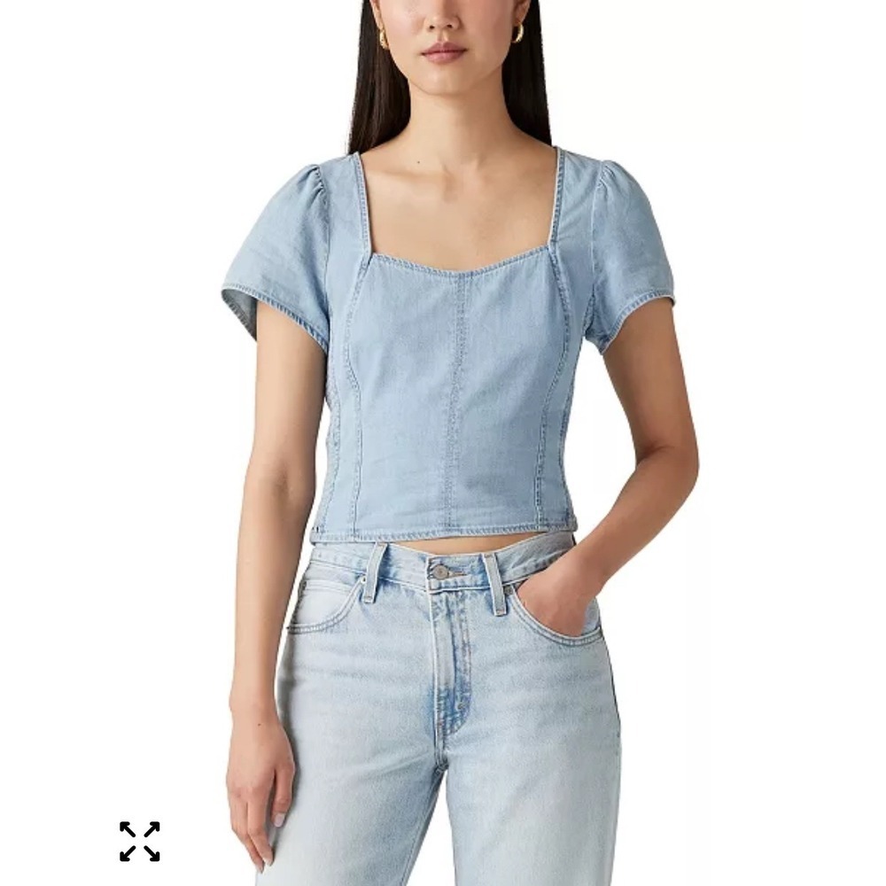Levis ophelia Womens Light Wash Denim Square Neck Puff Sleeve Smocked Crop Top S